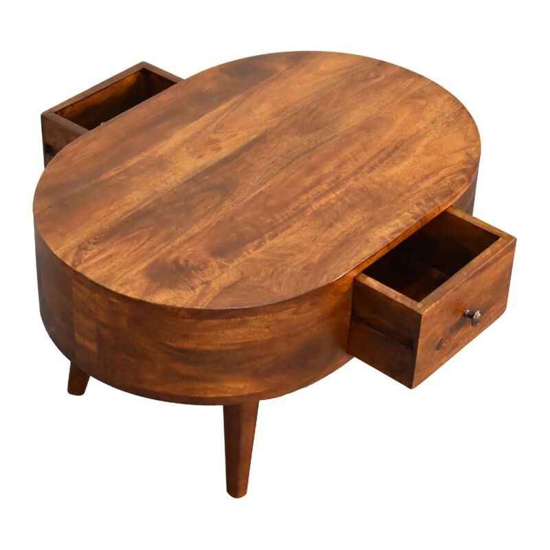 Mini Chestnut Rounded Solid Wood 1 Drawer  Coffee Table