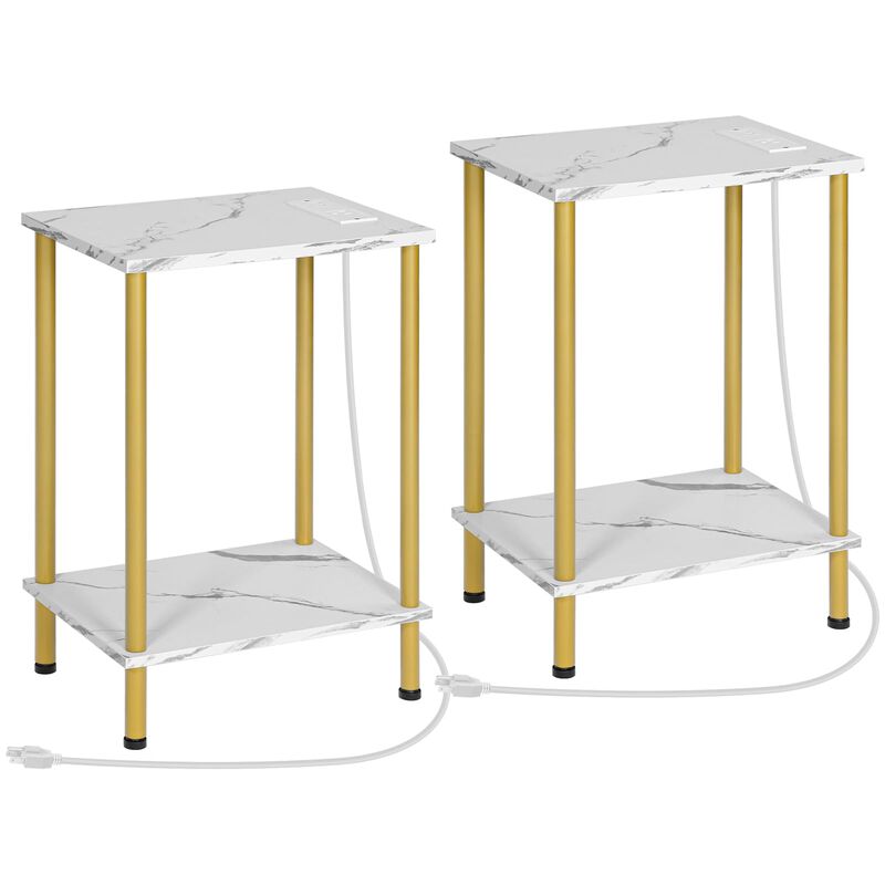 HOOBRO Side Table with Charging Station, End Table with USB Ports and Outlet, Nightstand with 2-Layer Storage Shelves for Small