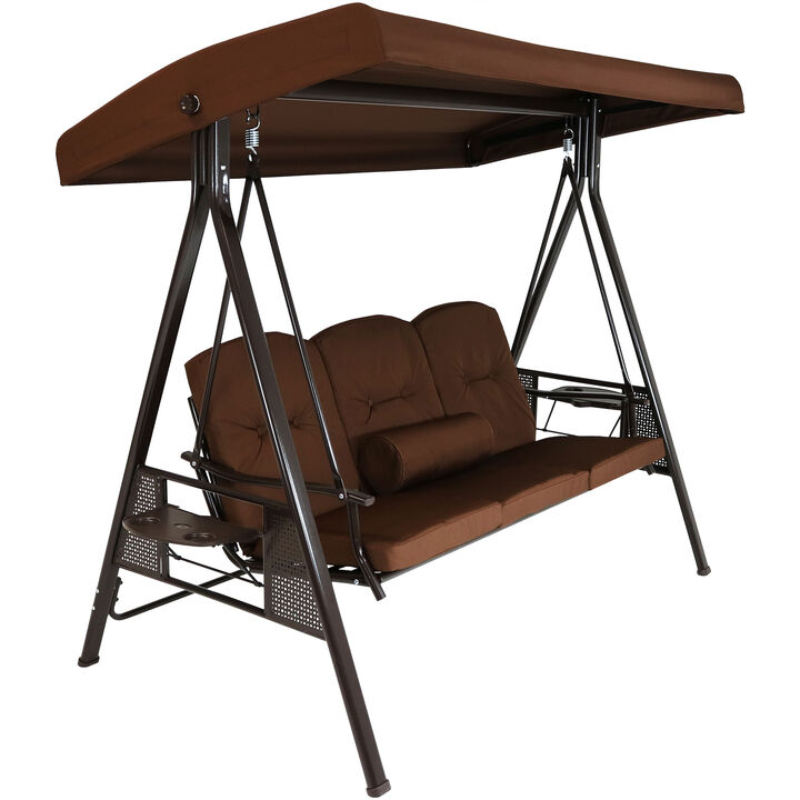 Sunnydaze 3-Person Steel Patio Swing Bench with Side Tables/Canopy
