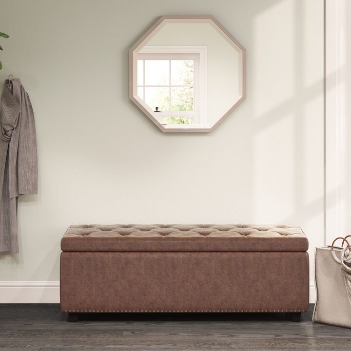 Hamilton 48 inch Wide Transitional Rectangle Storage Ottoman in Distressed Umber Brown Faux Leather