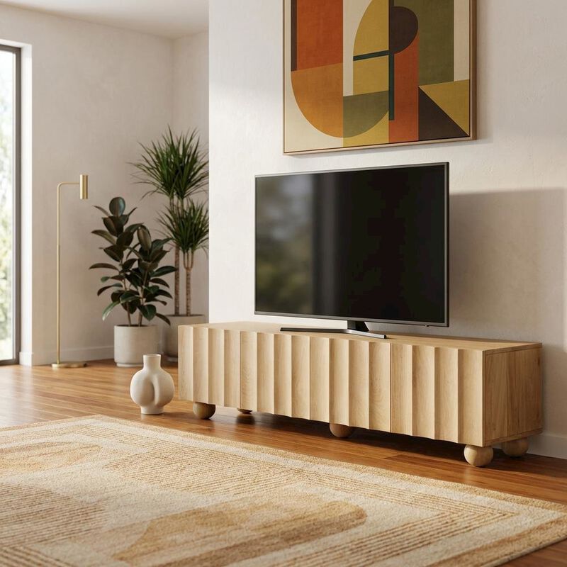 Scalloped Wood TV Stand in Neutral Finish with Spacious Storage image number 3