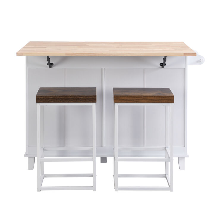 Farmhouse Kitchen Island Set with Drop Leaf and 2 Seatings,Dining Table Set with Storage Cabinet, Drawers and Towel Rack, White+Rustic Brown
