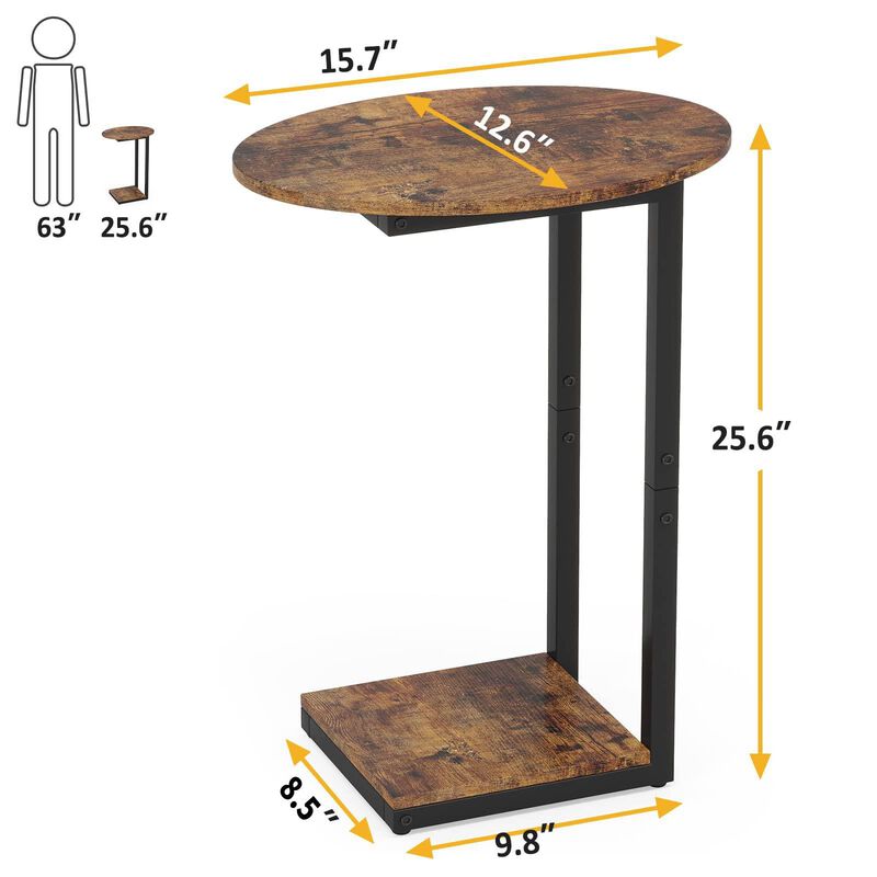 Hosfais Small Side Table Set of 2 - C-Shaped Wood Sofa End Table with Metal Frame for Living Room, Bedroom, Small Spaces (Rustic