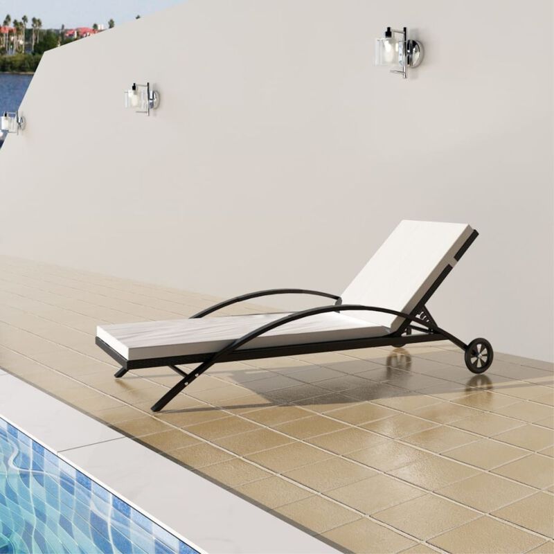 vidaXL Sun Lounger with Cushion & Wheels Poly Rattan Black