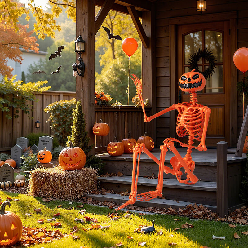 Orange Halloween Skeleton Decoration with Movable Joints and Pumpkin Head Design image number 4