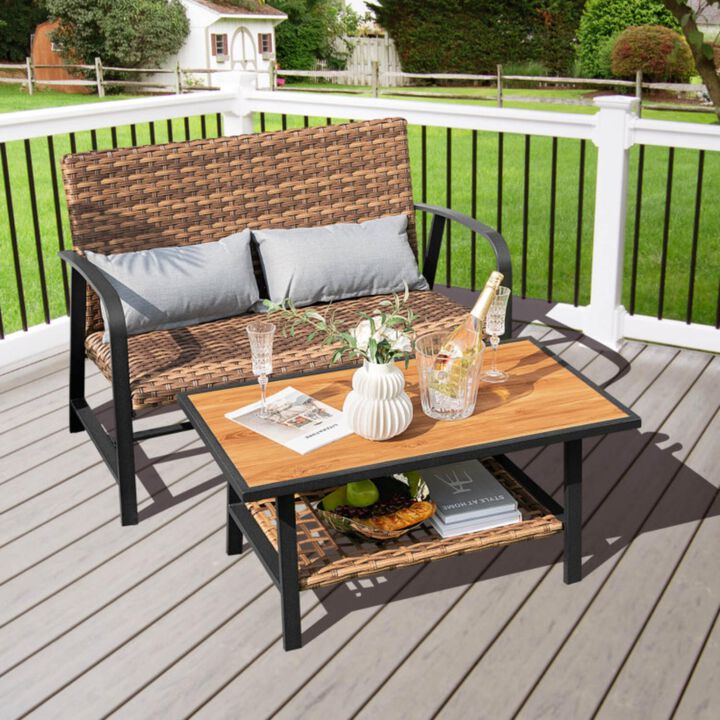Hivvago 2 Pieces Patio Rattan Coffee Table Set with Shelf and Quick Dry Cushion