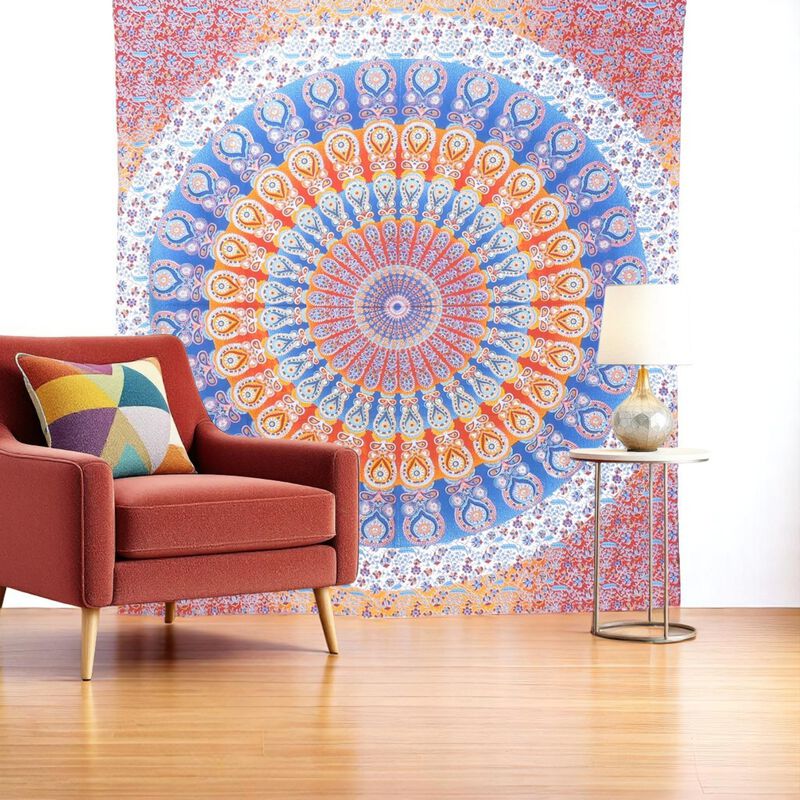 HomeRoots 92" X 84" Orange Blue And Yellow Mandala Cotton Hanging Tapestry image number 1