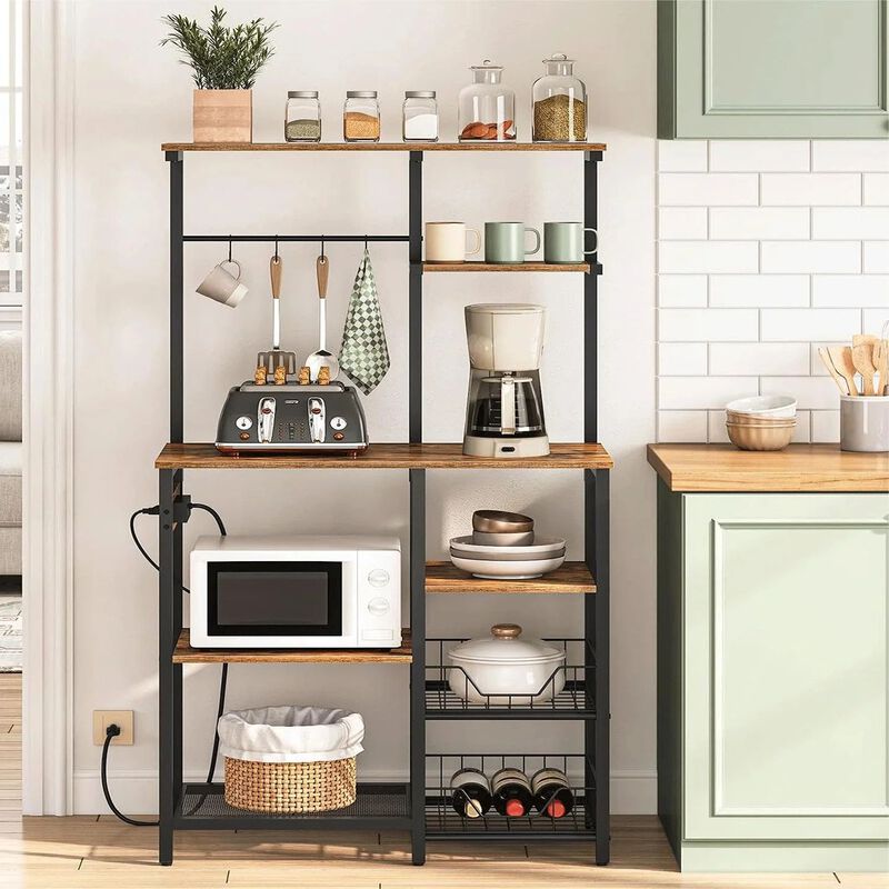 Kitchen Bakers Rack with 6 Tiers and Built-In Power Outlets for Appliances-Brown image number 7