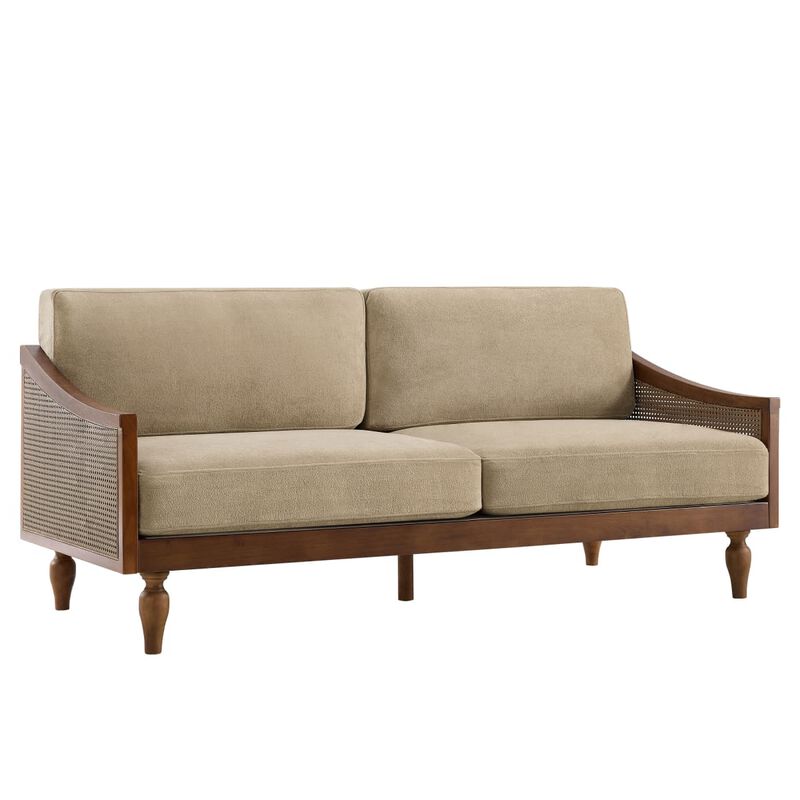 Mid-century modern 3-seater sofa couch, chenille upholstered sofa with rattan armrests, rubberwood frame sofa for apartment living room image number 6