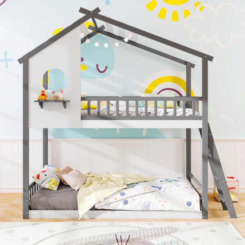 Hivvago Twin over Twin House Bunk Bed with Roof and Guardrails for Kids