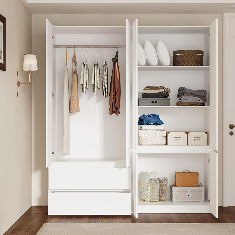 FUFU&GAGA Modern Armoire Wardrobe with 6 Doors & 2 Drawers with  Eveled Edge No Handle, Smooth Finish, (63 in. W x 19.8 in. D x 70.9 in. H), White