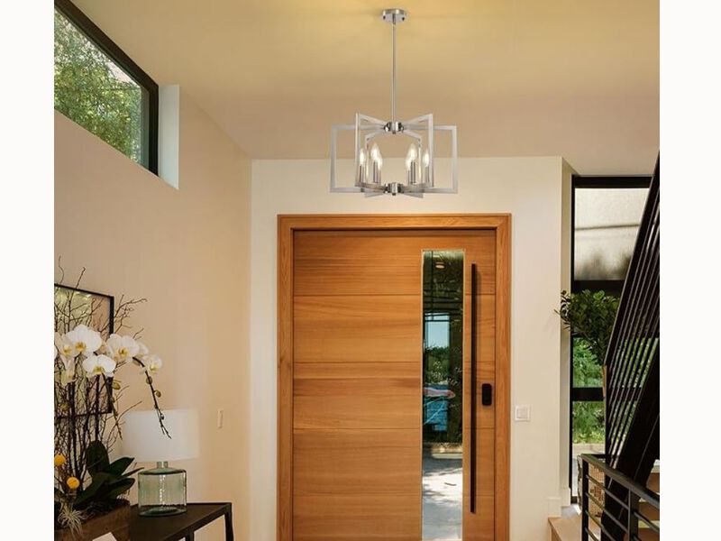 6-Light Brushed Nickel Geometric Chandelier – Farmhouse Pendant for Kitchen Island, Dining Room & Entryway (E12 Base, Adjustable Height)