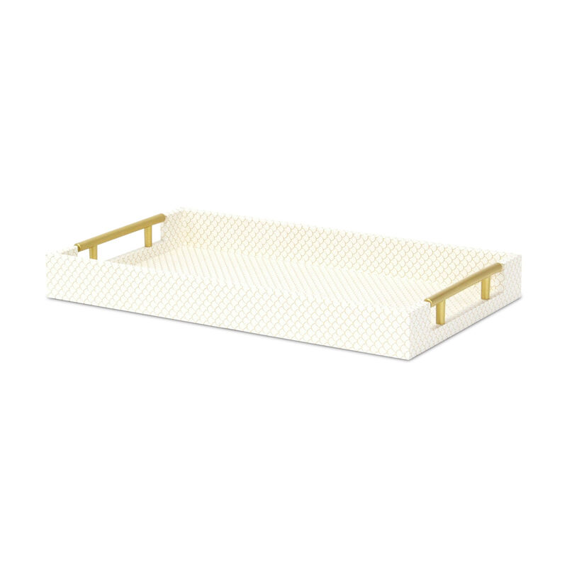 HomeRoots 16" Ivory And Gold Geometric Print Handmade Serving Tray With Handles image number 0