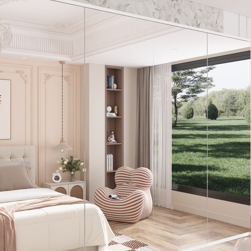 FUFU&GAGA Modern White Armoire with Full-Length Glass Mirrors &ndash; Elegant Wardrobe with Ample Storage and Robust Construction, (63" L x 19.7" W x 70.9" H),Silver