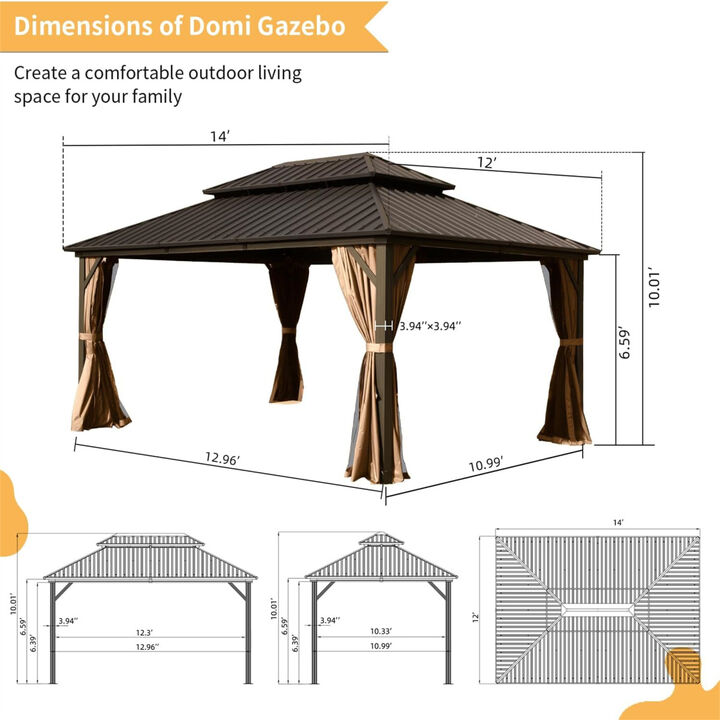 12' X 14' Hardtop Gazebo, Aluminum Metal Gazebo with Galvanized Steel Double Roof Canopy, Curtain and Netting, Permanent Gazebo Pavilion for Party, Wedding, Outdoor Dining, Brown