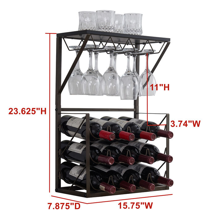 Kings Brand Furniture - 12 Bottles Countertop Wine Rack Stand with Glass Holder, Wine Storage Cabinet Shelf, Pewter/Marble