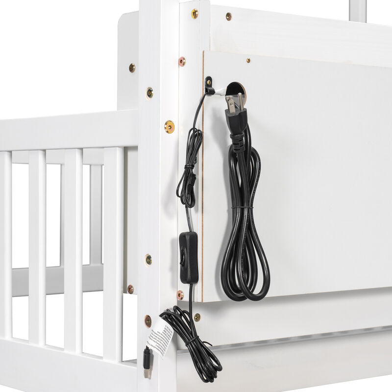 Whisen Twin Size House Floor Bed with Storage Shelves, LED Lights & Charging Station, Pine Wood Kids Platform Bed with Guardrails image number 7