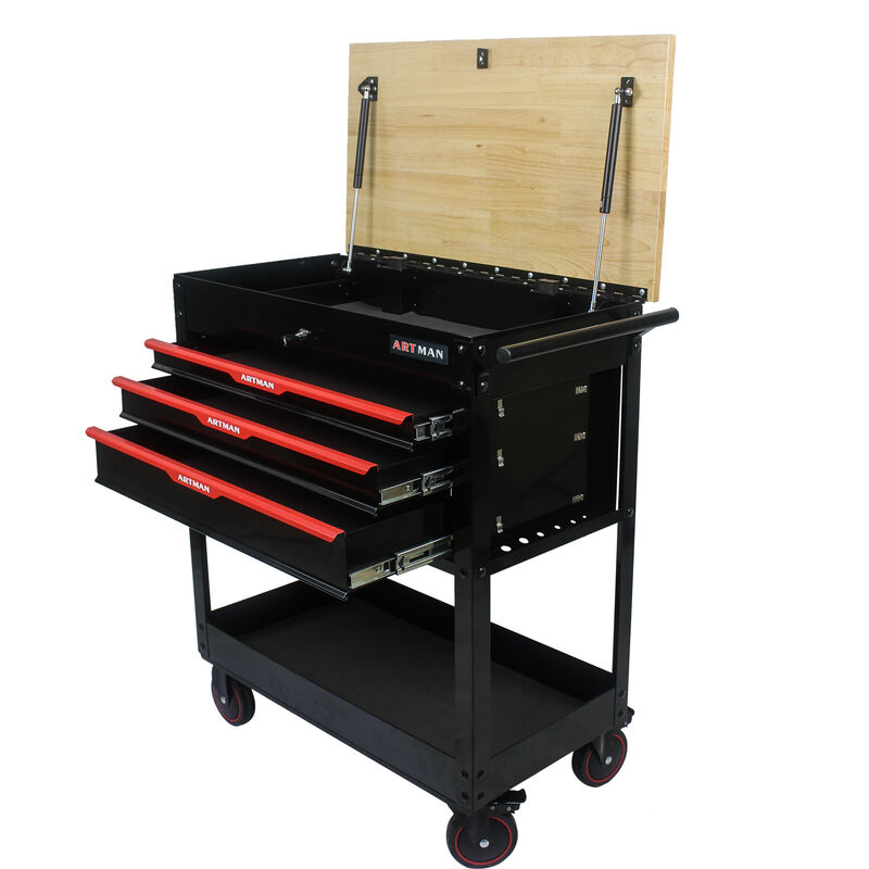 3-Drawer Rolling Tool Cart with Wooden Top for Garage or Workshop Storage