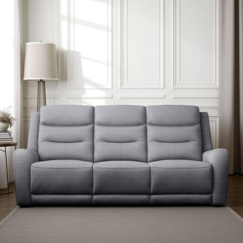 Clair Manual Recliner Sofa, Scroll Arms, 87 Inch, Solid Wood, Gray Fabric