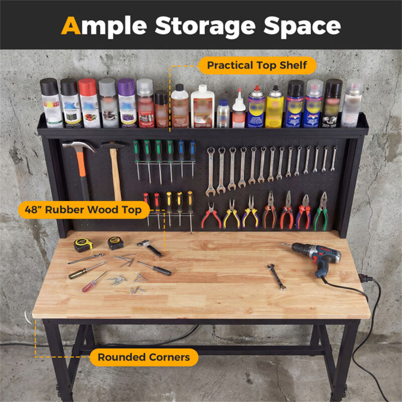 48 Inch Heavy Duty Workbench with AC/USB Outlets and Pegboard image number 3