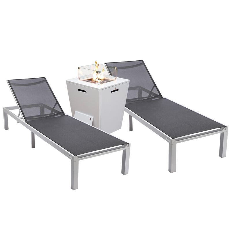 LeisureMod Marlin Modern Aluminum Outdoor Patio Chaise Lounge Chair in White Frame Set of 2 with Square Fire Pit Side Table