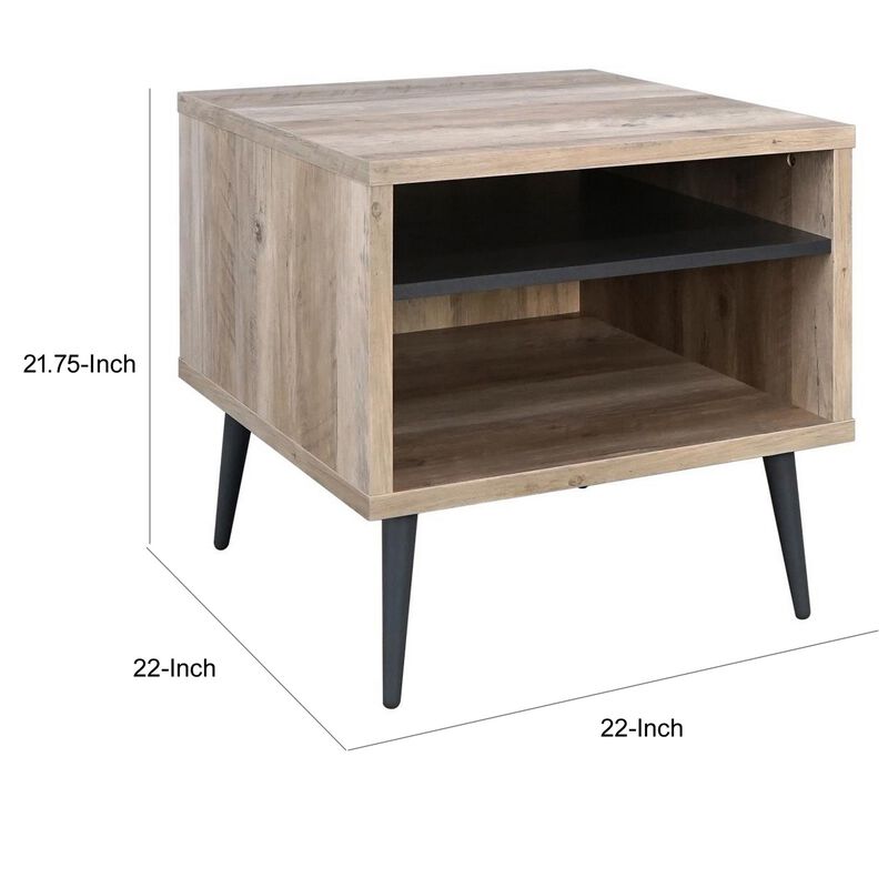 Carly 22 Inch Side End Table, Tapered Legs, 1 Shelf, Light Brown and Gray