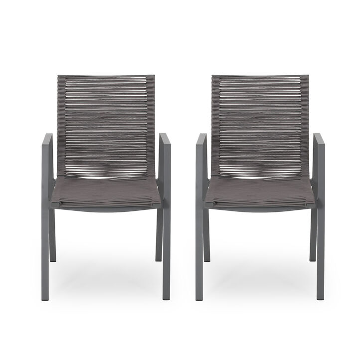 Teny Outdoor Dining Chair Set of 2, Dark Gray Metal. Woven Rope Seat Back - Benzara