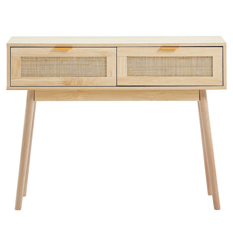 Boho Rattan Console Table – Entry Table with Drawers and Sliding Storage Door, Perfect for Small Spaces