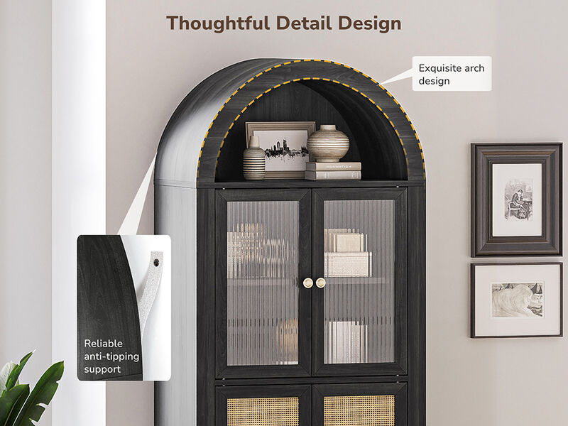 BELLEZE Modern Arched Kitchen Pantry, 5-Tier Wood Decorative Storage Cabinet with Reeded Glass Door and Adjustable Shelves, Freestanding Accent Display Cabinet for Home Living Room, Black