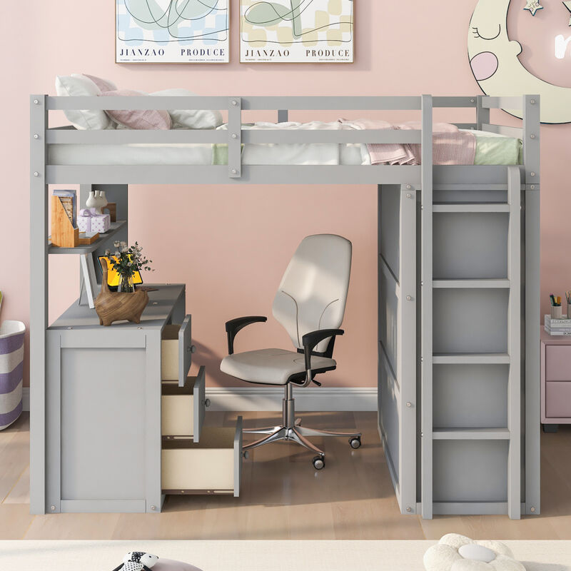 Full size Loft Bed with Drawers,Desk,and Wardrobe-Gray