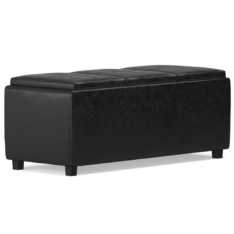 Avalon 42 inch Wide Contemporary Rectangle Storage Ottoman in Distressed Black Vegan Faux Leather, Assembled