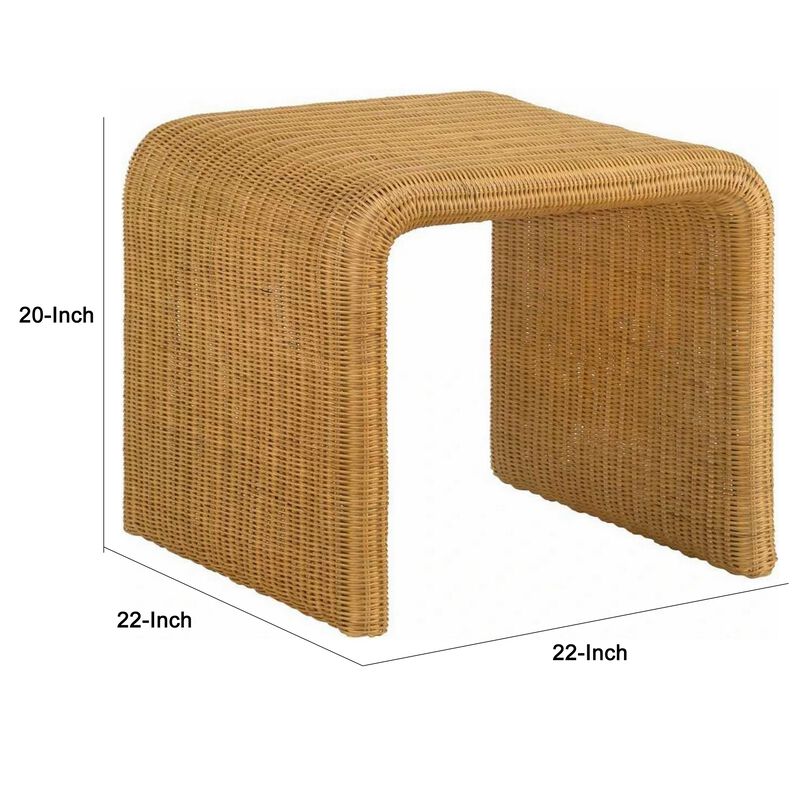22 Inch Side End Table, Woven Rattan Frame, Waterfall Edges, Square Surface-Benzara