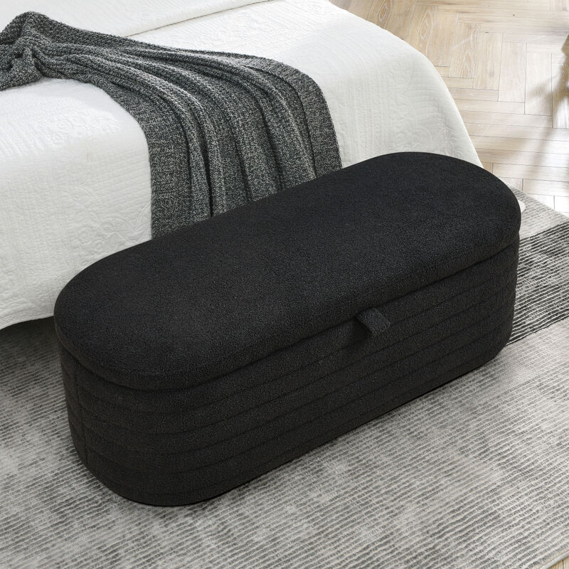 Length 45.5 inchesStorage Ottoman Bench Upholstered Fabric Storage Bench End of Bed Stool with Safety Hinge for Bedroom, Living Room, Entryway, Black teddy.