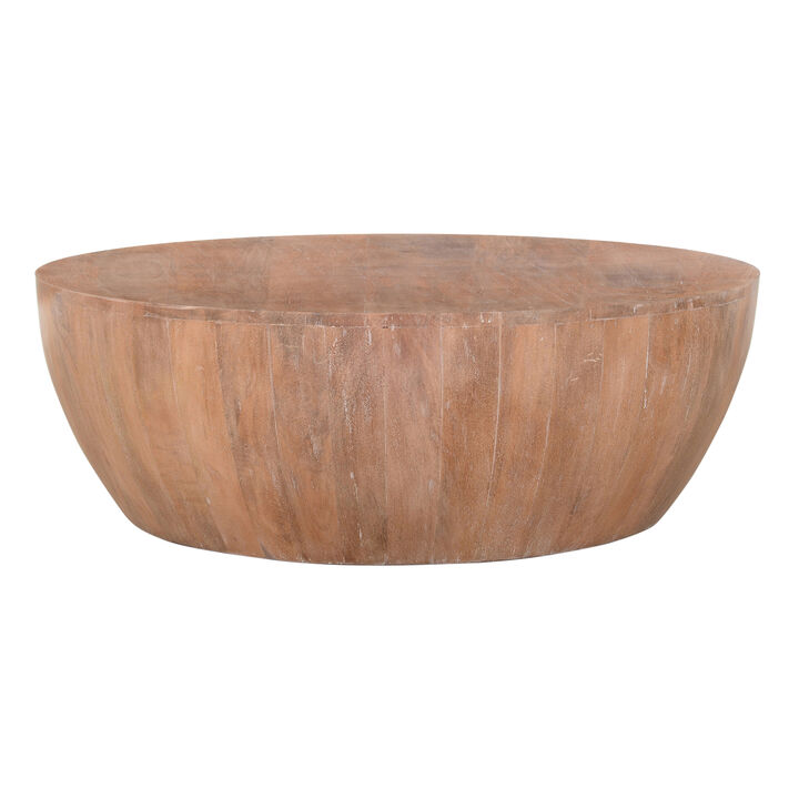Arthur Drum Shape Wooden 35.5 Inch Coffee Table with Plank Design Base, Distressed Brown