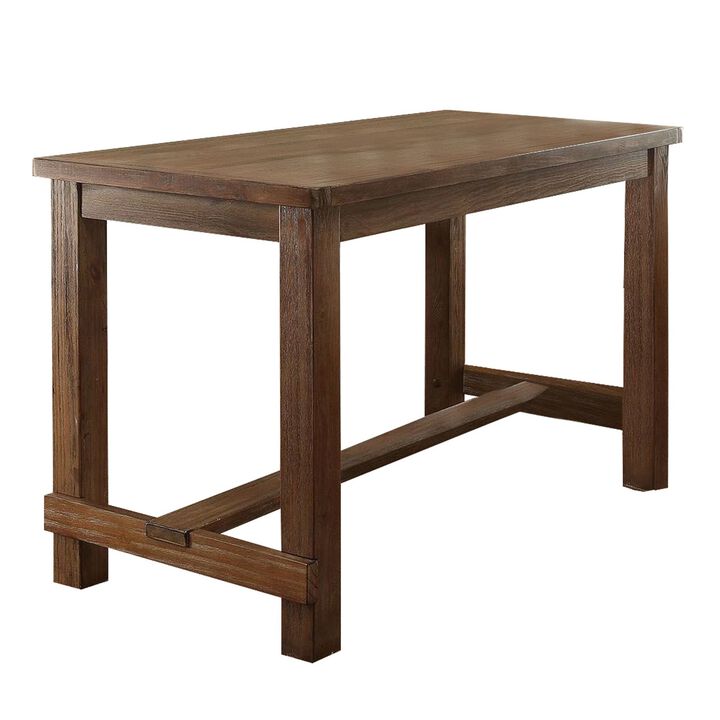 Rustic Plank Wooden Counter Height Table with Block Legs, Oak Brown
