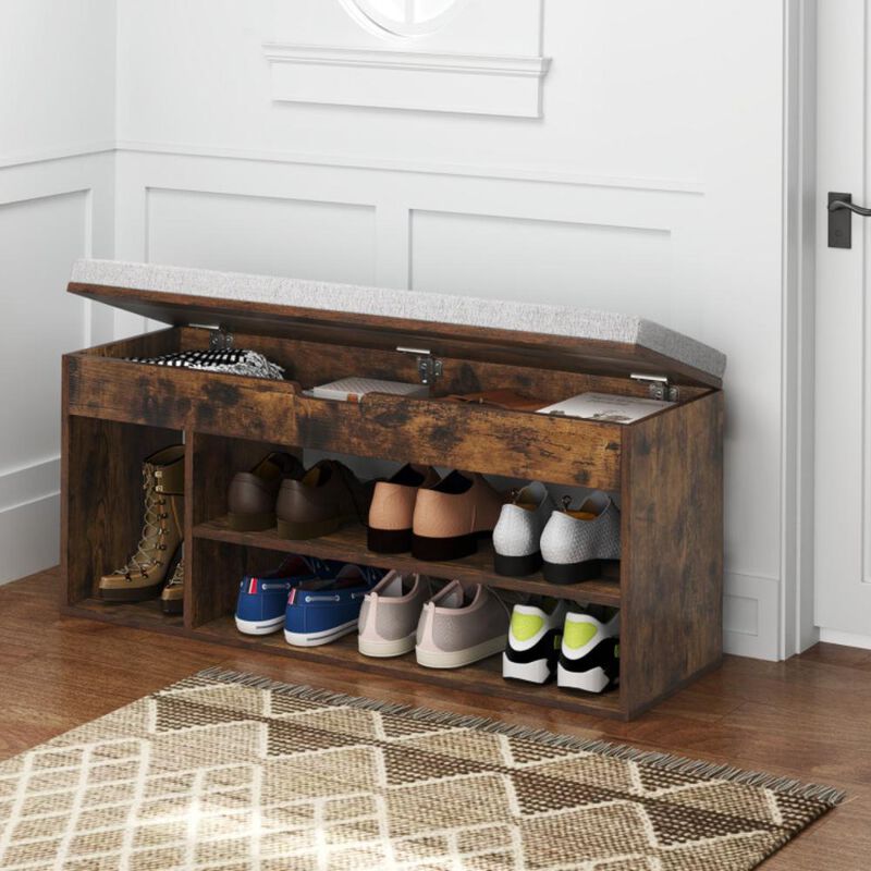 Hivvago Padded Seat Shoe Bench with Hidden Storage and 3 Open Shelves