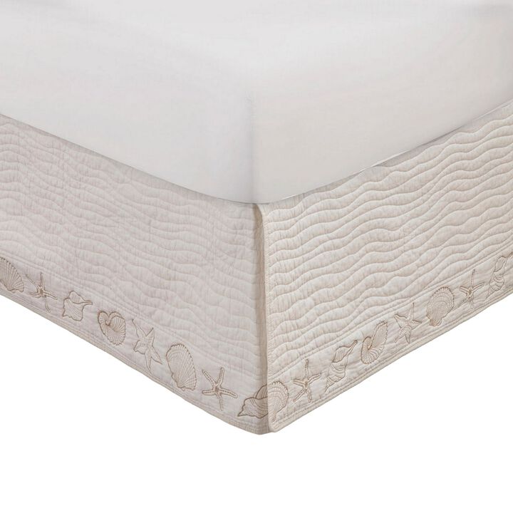 Sima Seashell Quilted Twin Bed Skirt, Cotton Fill, Triple Layered, Ivory - Benzara