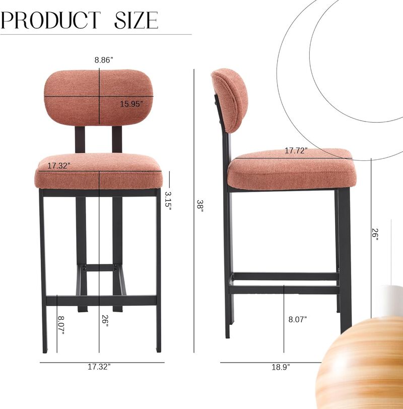 Envelor Counter Height Upholstered Chenille Bar Stool with Metal Legs, Set of 2 image number 2
