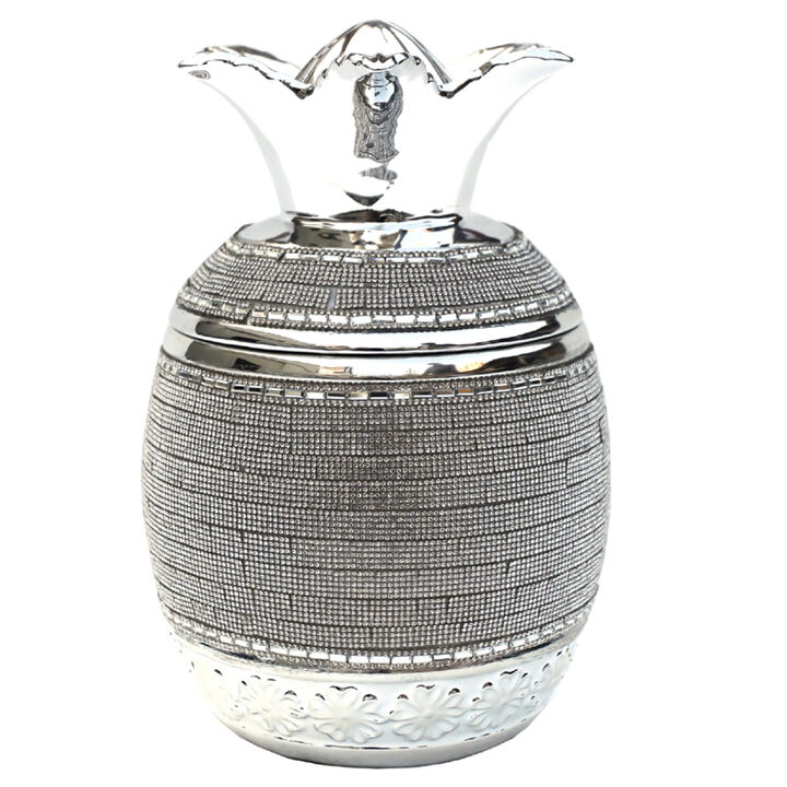 Chrome Plated Crystal Embellished Lidded Ceramic Pineapple Bowl (7 In. x 7 In. x 10.5 In.)