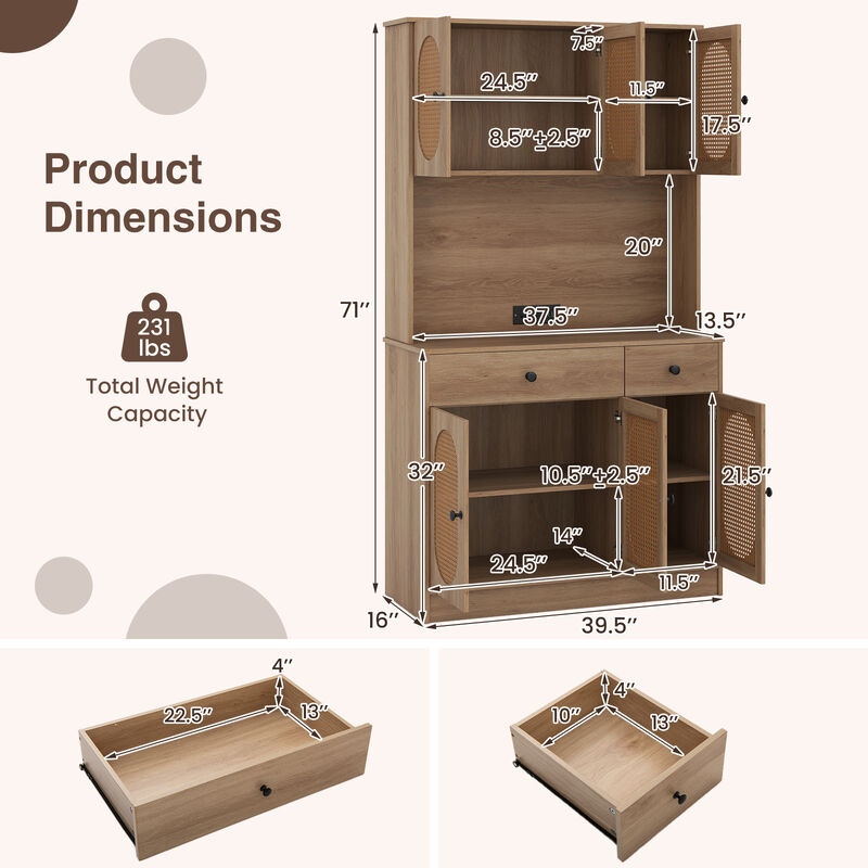 Kitchen Pantry Storage Cabinet 71" with Hutch and Charging Station &ndash; Natural image number 2