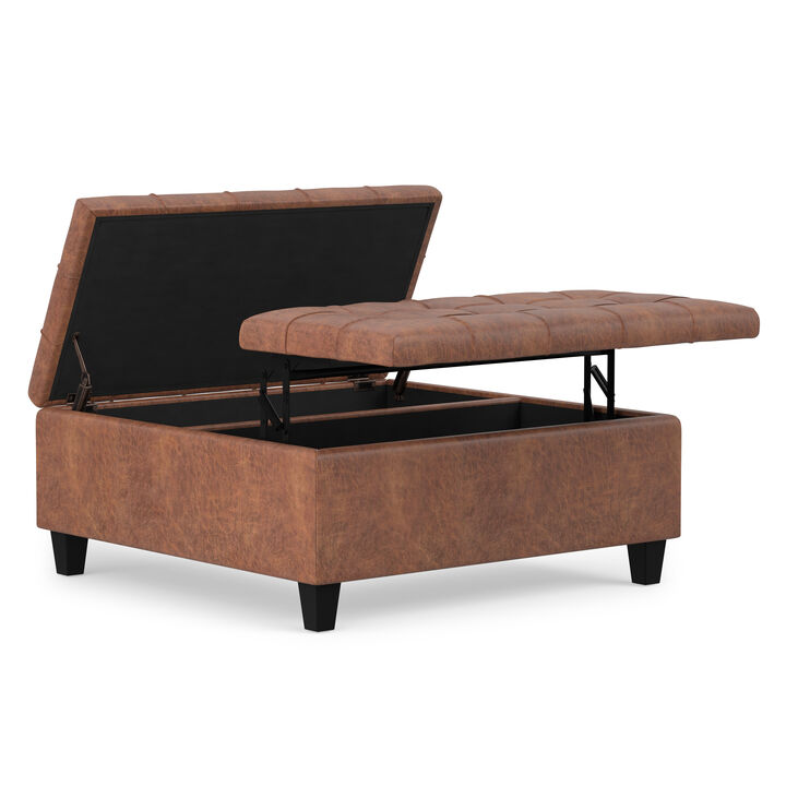 Harrison 36 inch Wide Transitional Square Coffee Table Storage Ottoman in Distressed Umber Brown Vegan Faux Leather, Assembled