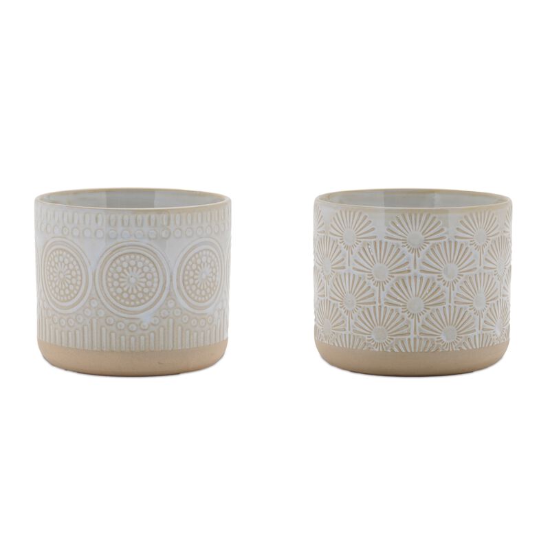 Set of 2 Porcelain Planters with Geometric Pattern for Indoor or Outdoor Decor