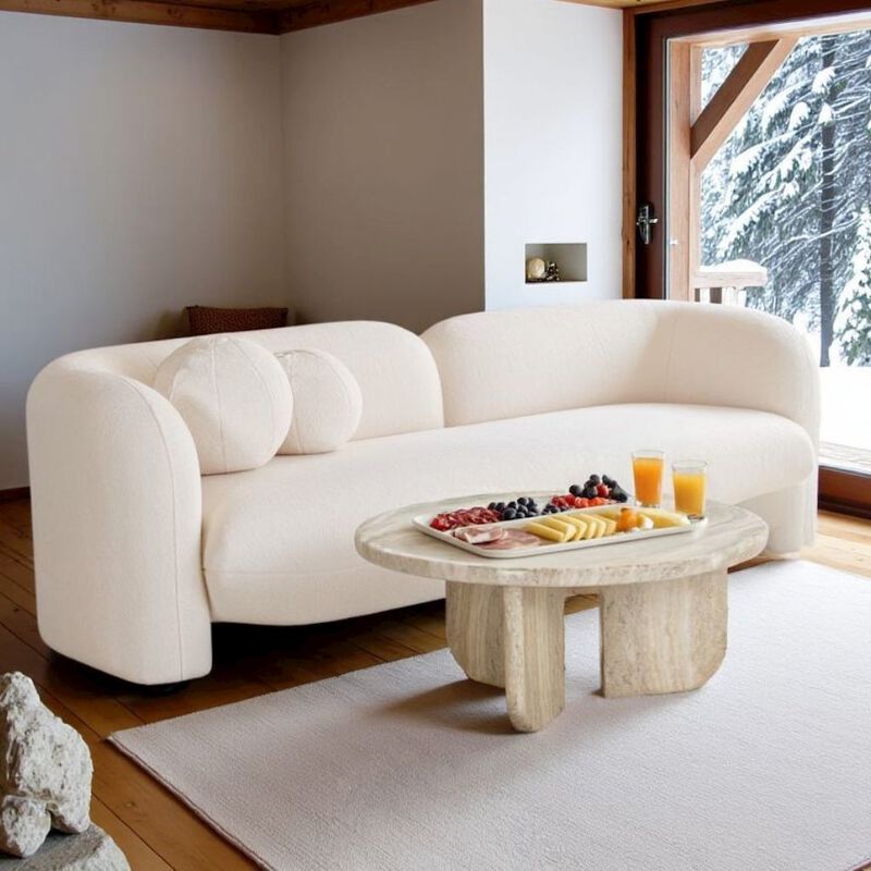 Starlight Canyon Home Beige Fluffy Round Couch For 6 With Faux Fur And Pillows, Modern Sofa Style