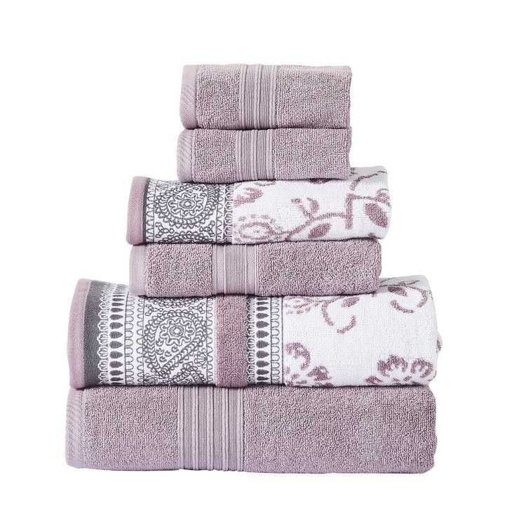 Veria 6 Piece Towel Set with Paisley and Floral Motif Pattern The Urban Port, Purple - Benzara
