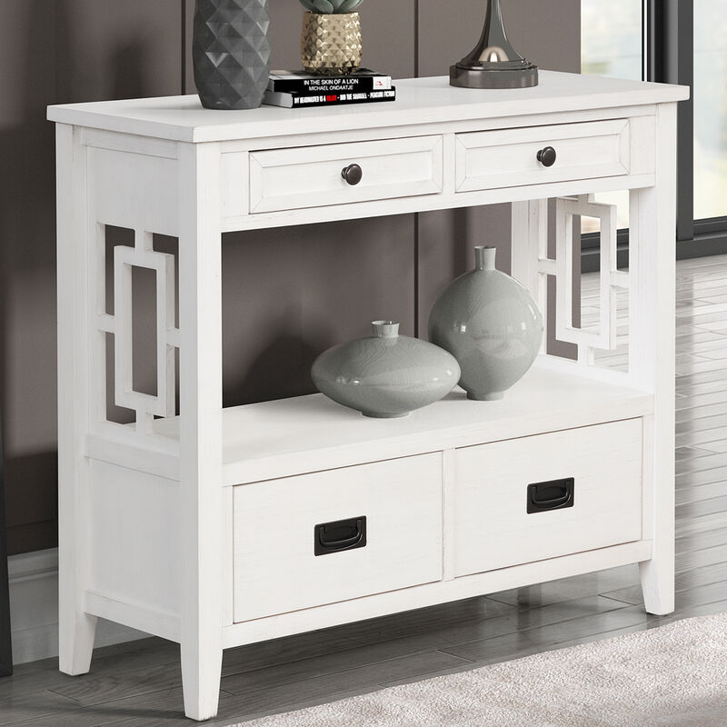 Whisen Farmhouse Style Console Table with 4 Drawers and Storage Shelf - Antique White