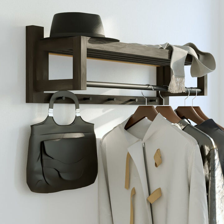 Black Hardwood Floating Coat Rack - Wall Mounted with Shelf, Black Metal Rail and 5 Hooks