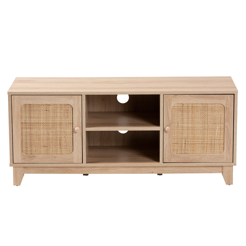 Baxton Studio Elsbeth  Light Brown Finished Wood and Natural Rattan 2 Door TV Stand image number 3