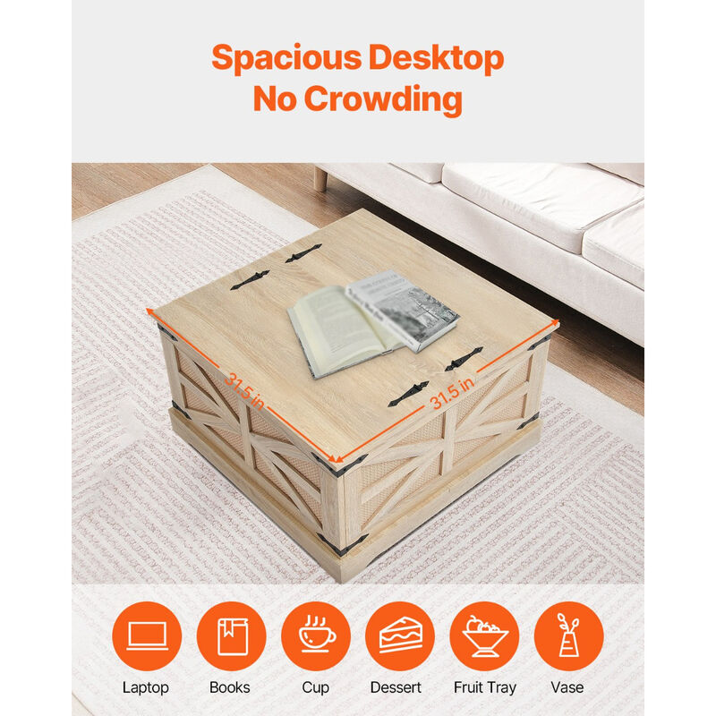 Modern Rattan Coffee Table with Retro Metal Hinges and Storage Shelf, Rectangle Shape