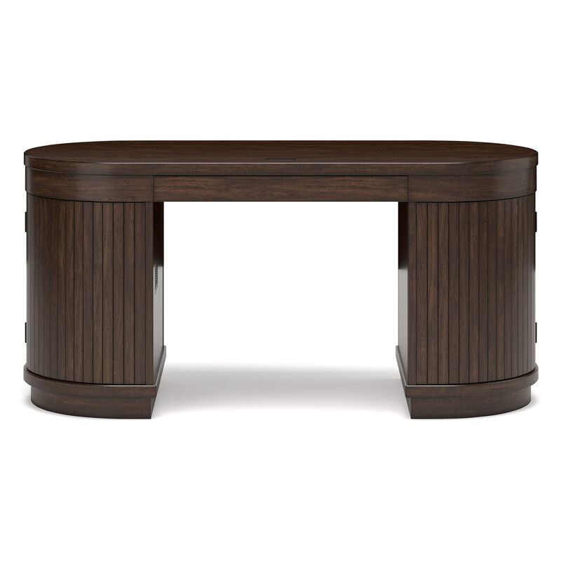 Jeno Home Office Desk, 2 Half Round Ribbed Doors, Brown Wood 63 Inch - Benzara