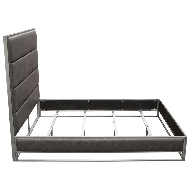 Chek Queen Size Bed, Gray Faux Leather Upholstery w Silver Metal Frame